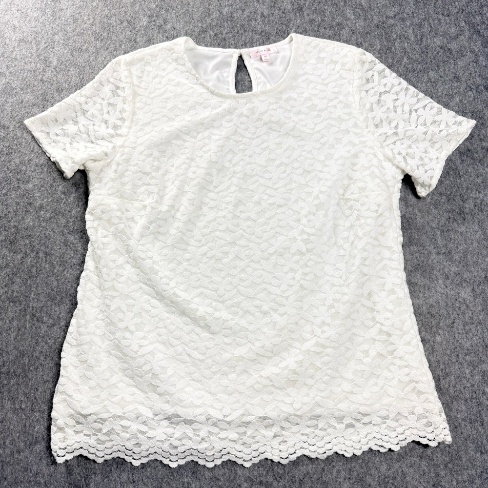 Teddi Rose Women Blouse XXL White Floral Lace Short SleevePlus Scalloped Hem Top